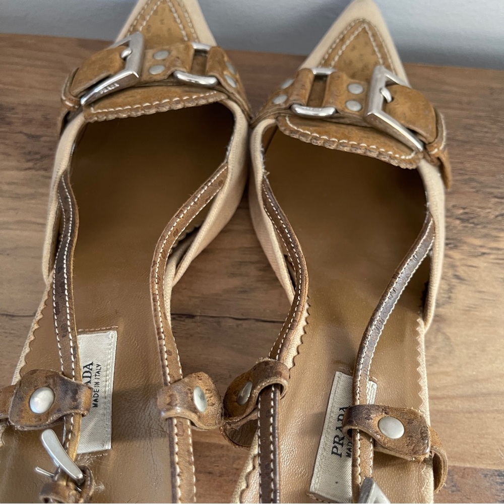 Prada Canvas & Suede Buckle Slingback Mules Heel Pumps shoes size 37.5 - Picture 7 of 11